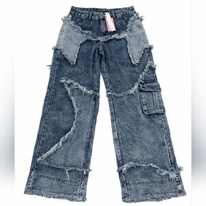 ROMWE Patchwork Flare Jeans - Dark Blue